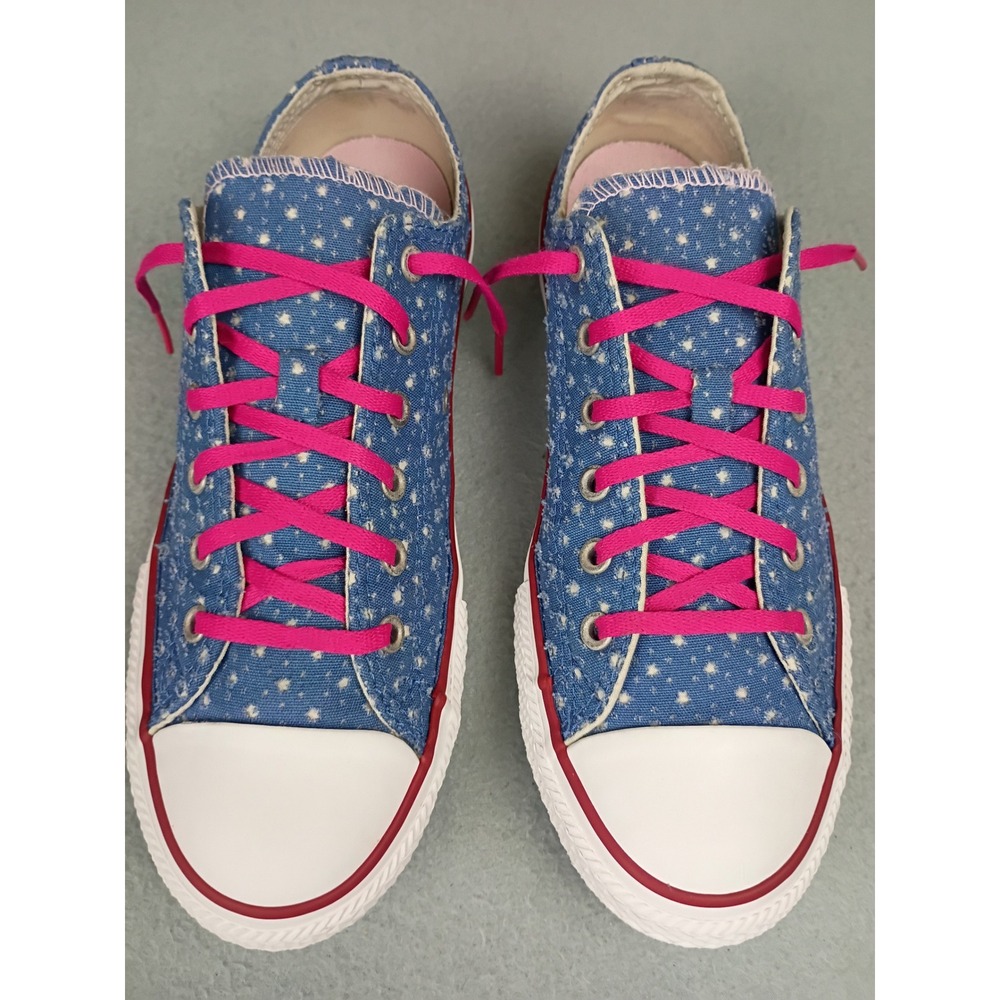 Converse All Star Low Top Blue Denim Distressed Star Print Pink Laces Sneakers